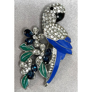 NWOT Parrot Bird Brooch Lapel Pin Blue Enamel Rhinestone Crystal Silver Toned